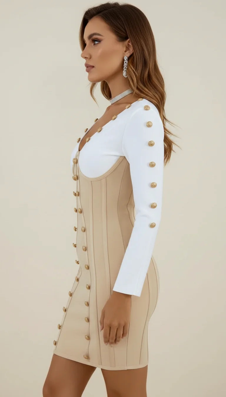 Robe Corset Moulante Bicolore Boutonnée - Vue profil