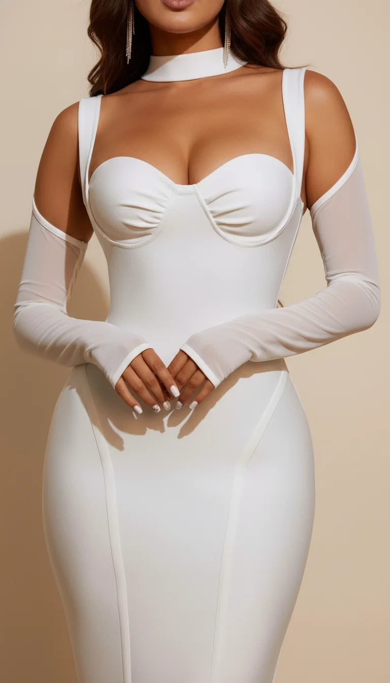 Robe Corset Moulante Crème Manches Voile - Vue face