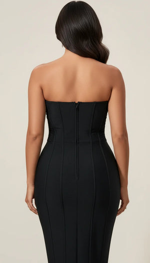 Robe Corset Moulante Plumes Noire - Vue dos