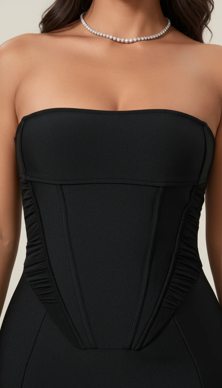 Robe Corset Moulante Plumes Noire - Vue face