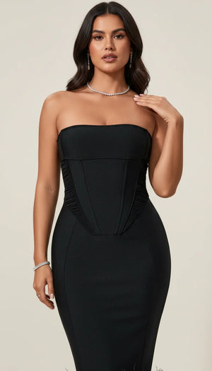 Robe Corset Moulante Plumes Noire - Vue principale