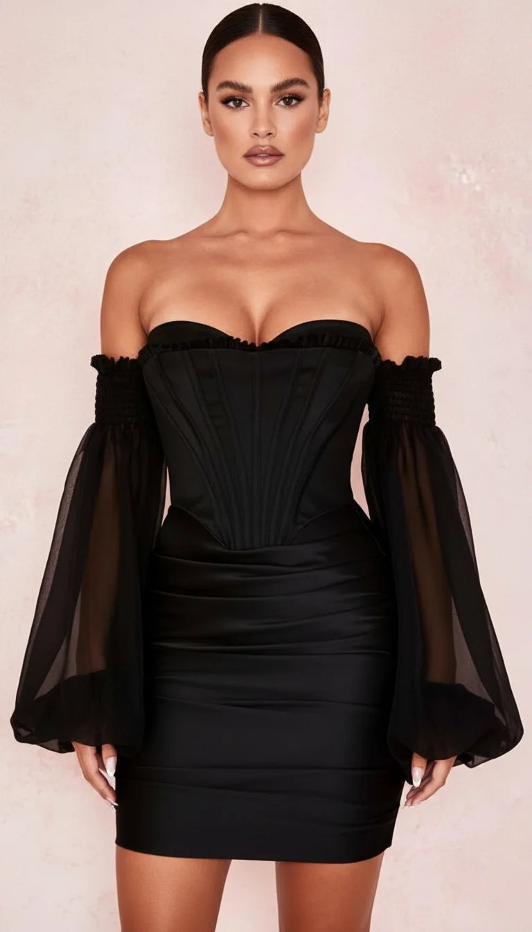 Robe Corset Noire Manches Voile - Vue principale