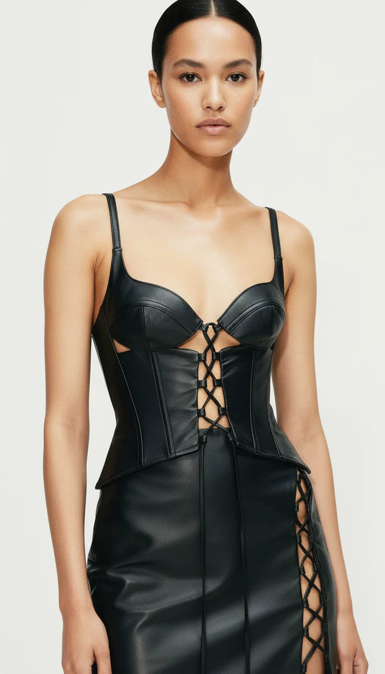 Robe Corset Noire Simili Cuir À Lacets