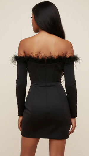 Robe Corset Plumes Noire Manches - Vue dos