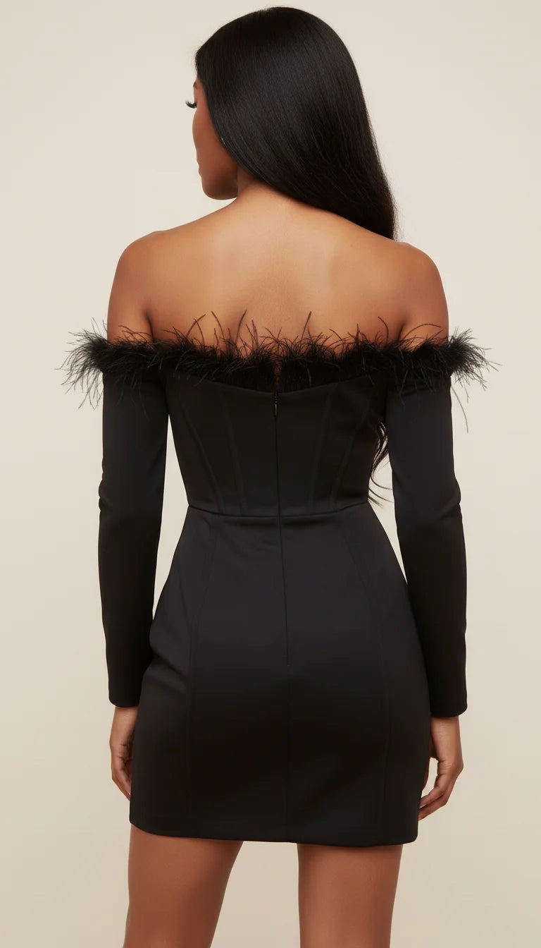Robe Corset Plumes Noire Manches - Vue dos