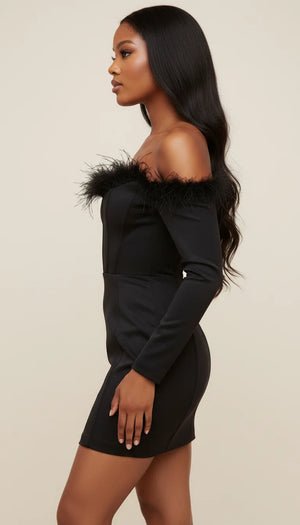 Robe Corset Plumes Noire Manches - Vue profil