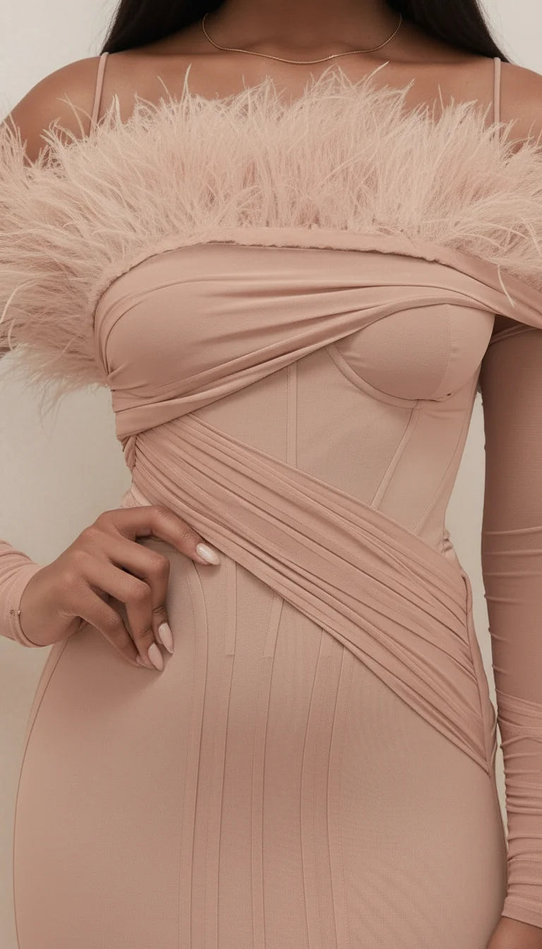 Robe Corset Plumes Nude Rosé - Vue profil