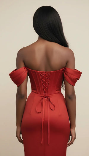 Robe Corset Rouge Satin Fendue - Vue dos