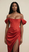 Robe Corset Rouge Satin Fendue