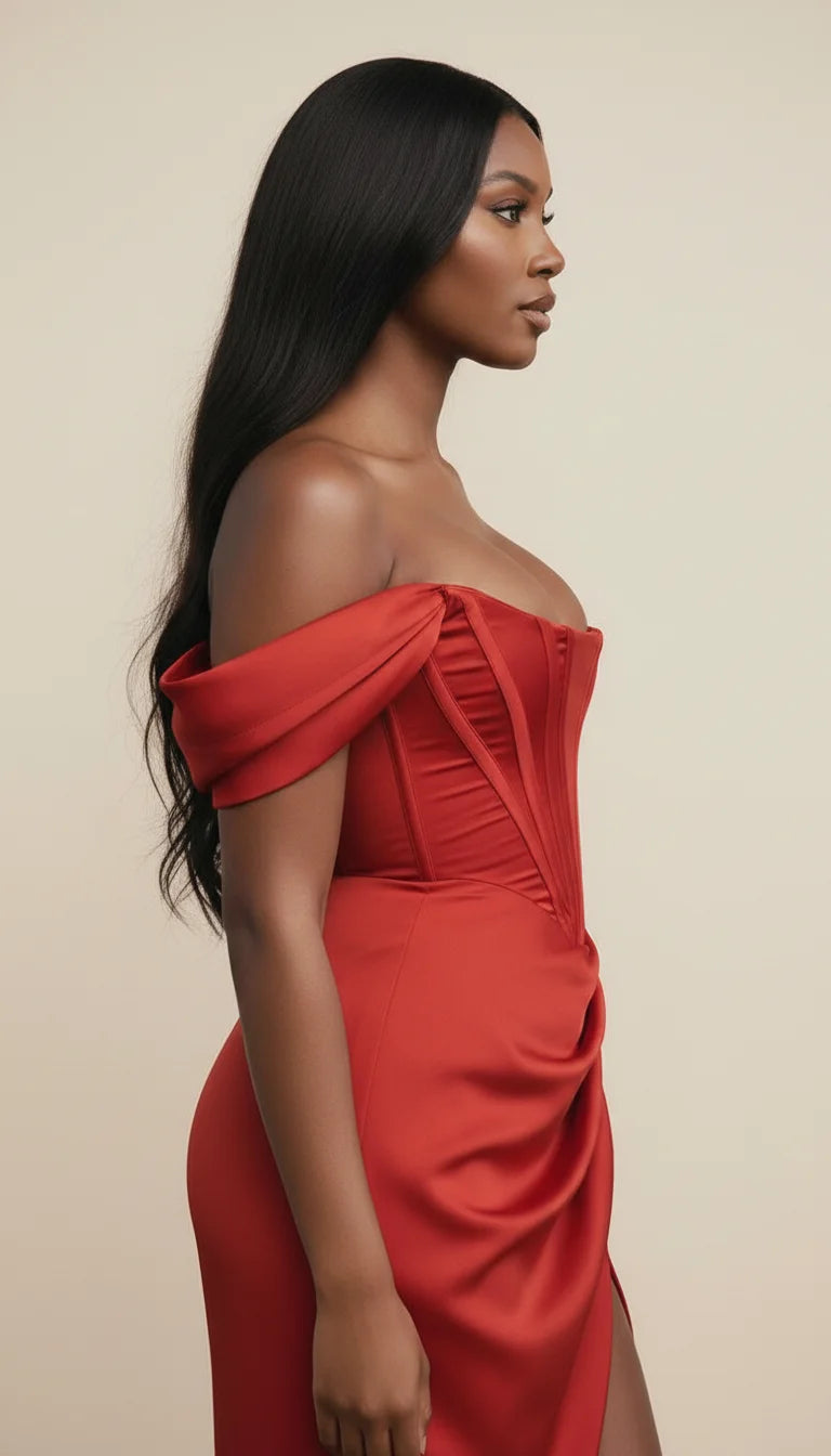 Robe Corset Rouge Satin Fendue - Vue profil