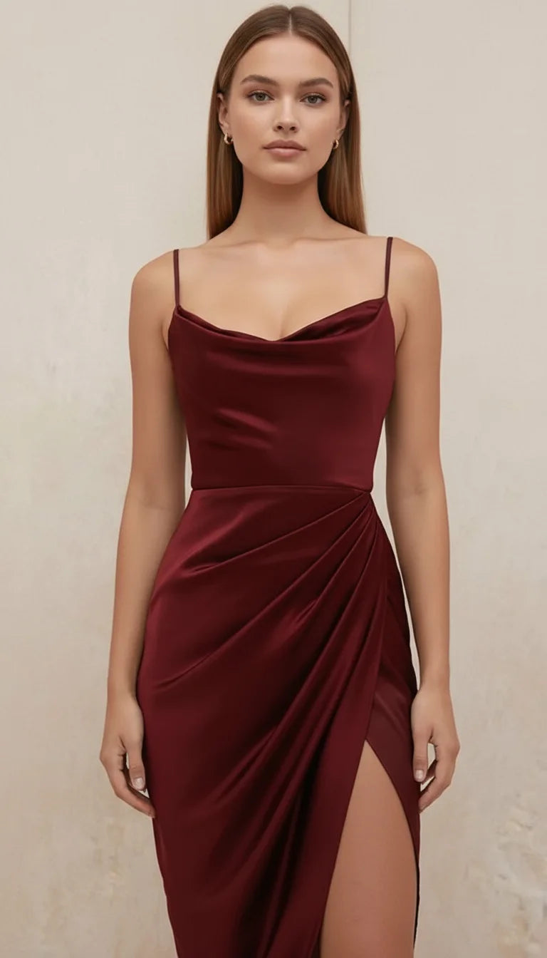 Robe Corset Satin Bordeaux Col Bénitier - Vue principale