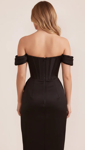 Robe Corset Satin Épaules Dénudées Noire - Vue dos