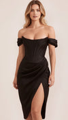 Robe Corset Satin Épaules Dénudées Noire