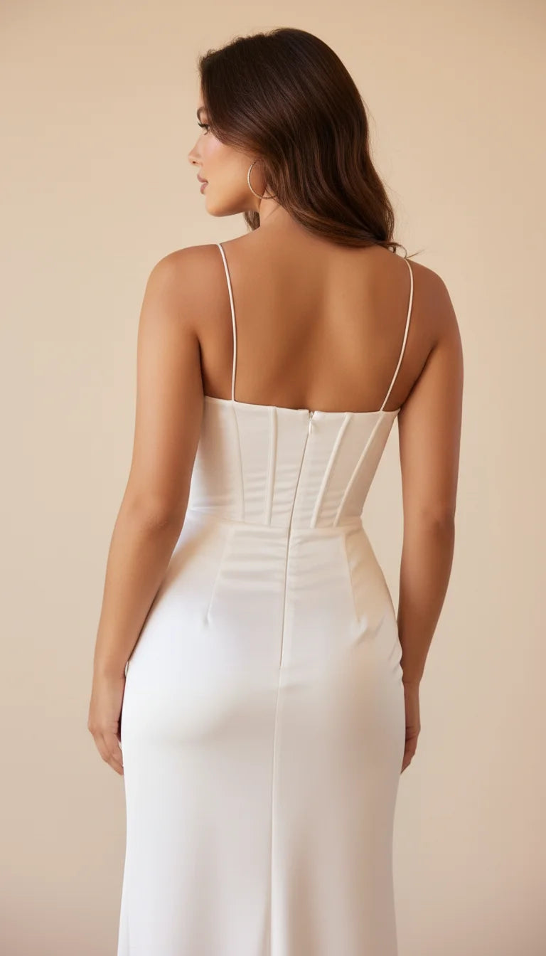Robe Corset Satin Fendue Blanc Crème - Vue dos