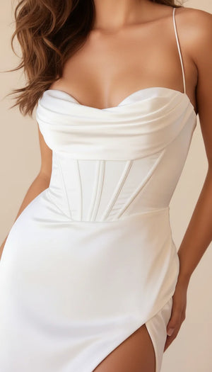 Robe Corset Satin Fendue Blanc Crème - Vue face