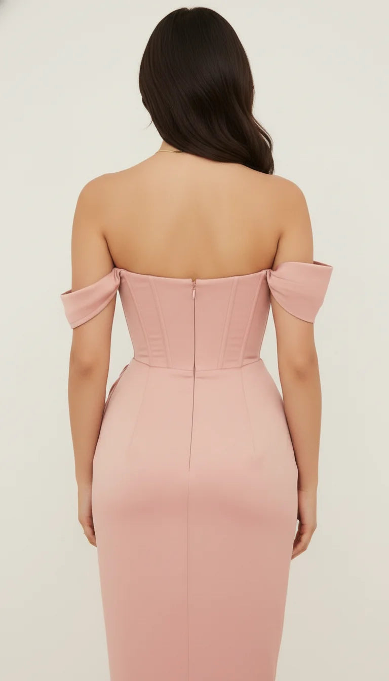 Robe Corset Satin Rose Poudré Fendue - Vue dos