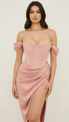 Robe Corset Satin Rose Poudré Fendue