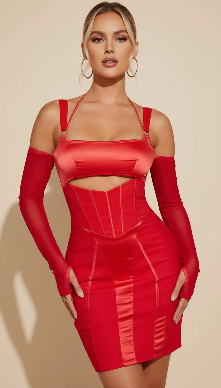 Robe Corset Satin Rouge Vif - Vue principale