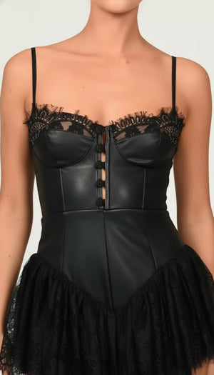 Robe Corset Simili Cuir Dentelle Noire - Vue face