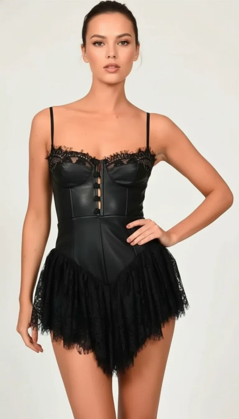 Robe Corset Simili Cuir Dentelle Noire