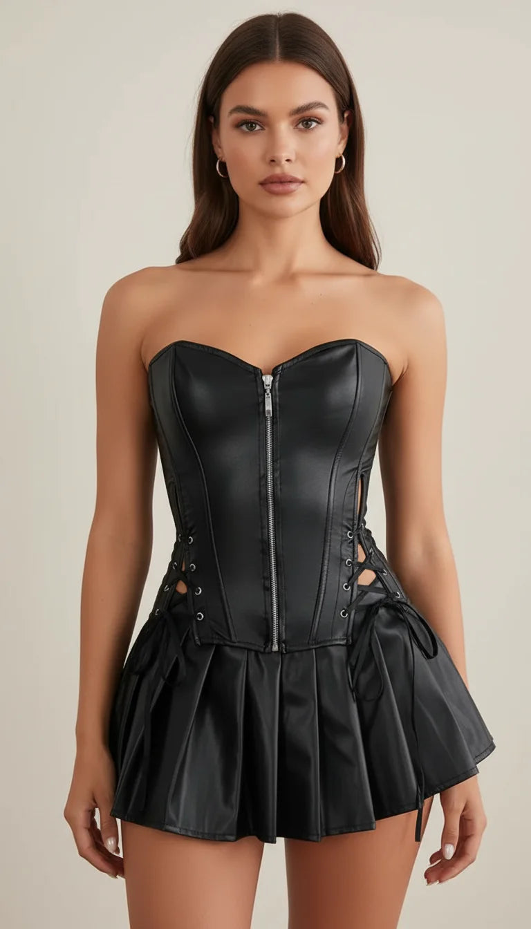 Robe Corset Simili Cuir Lacée Noire
