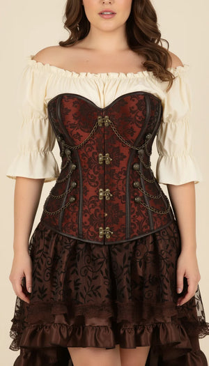 Robe Corset Steampunk Brocard Brun - Vue face