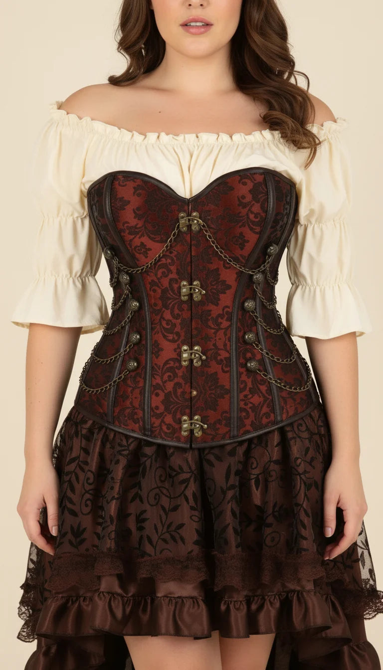 Robe Corset Steampunk Brocard Brun - Vue face