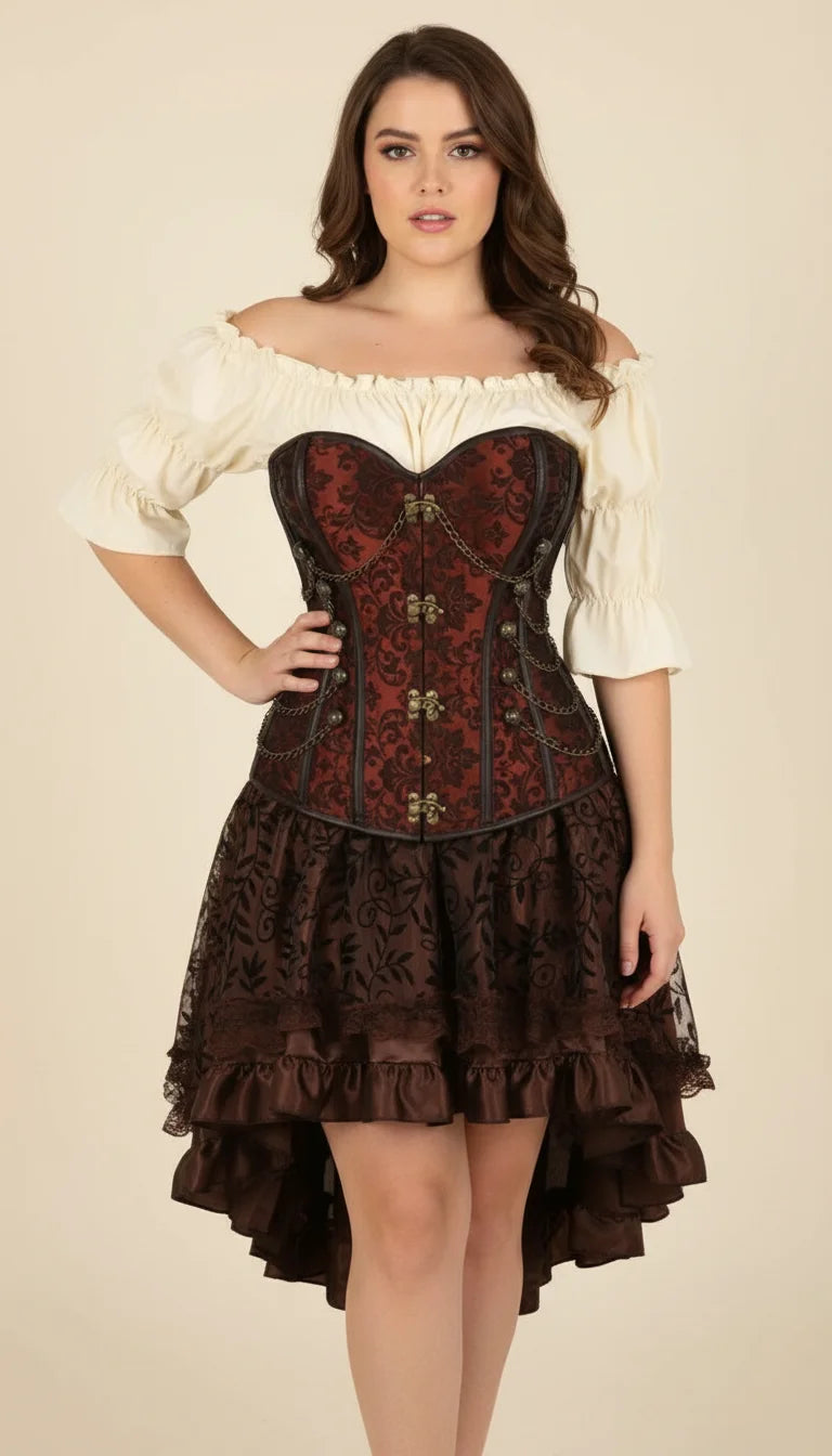 Robe Corset Steampunk Brocard Brun - Vue principale