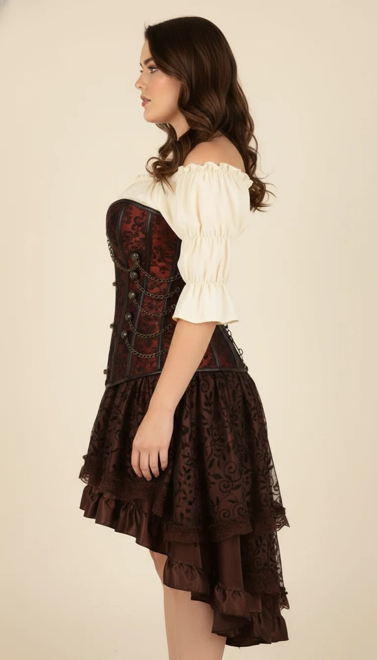Robe Corset Steampunk Brocard Brun - Vue profil