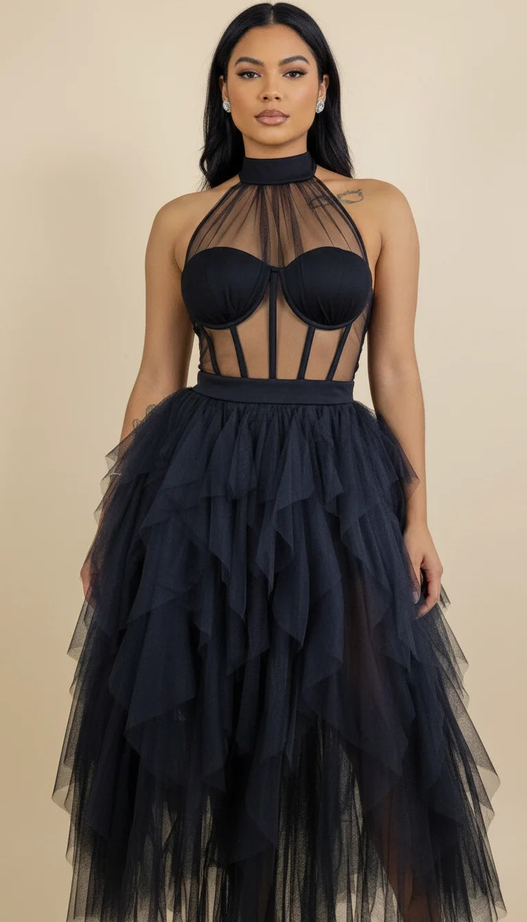 Robe Corset Tulle Transparente Noire
