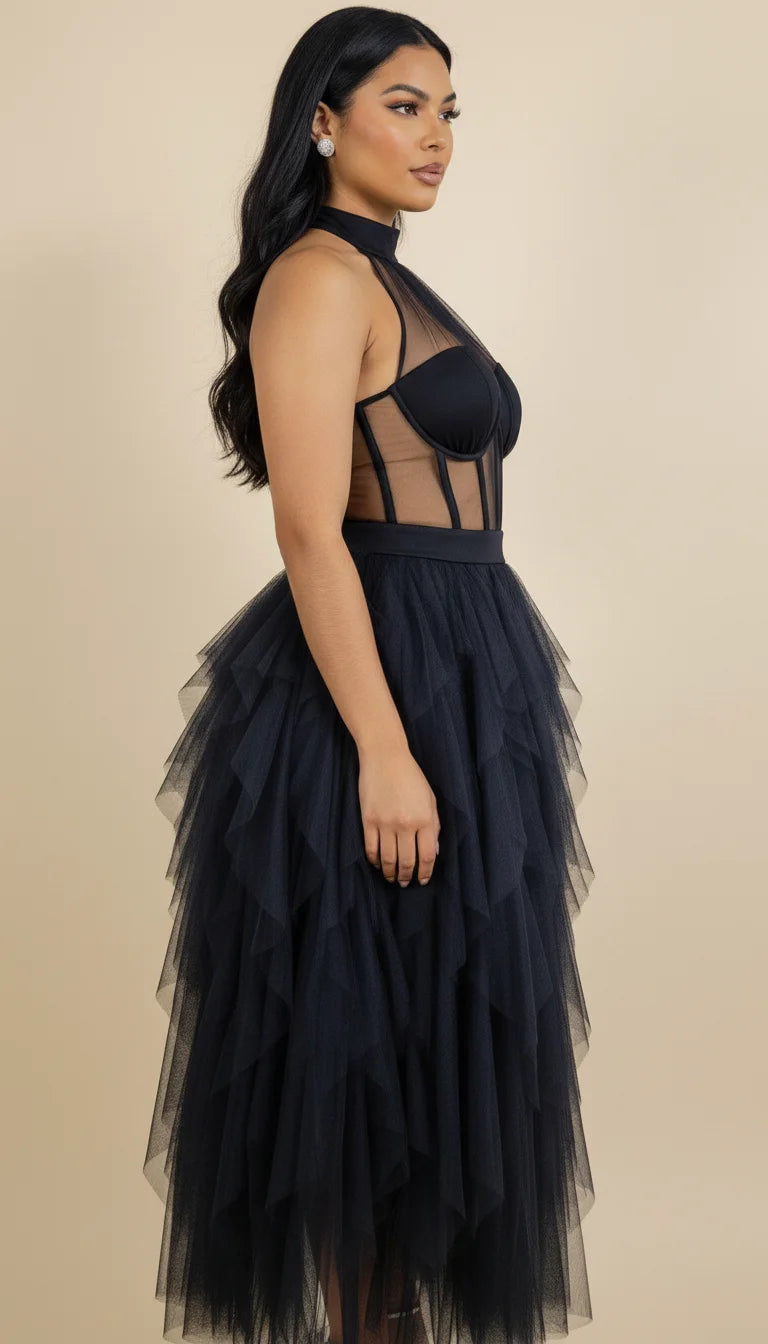 Robe Corset Tulle Transparente Noire - Vue profil