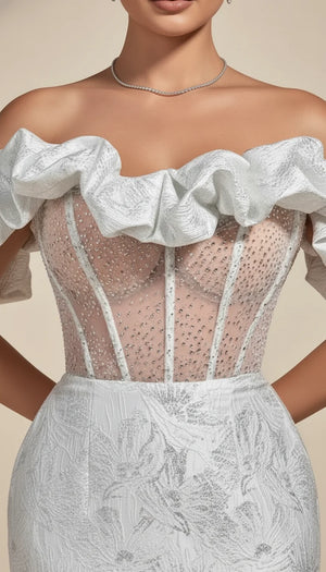 Robe Corset Volants Brocart Blanc - Vue face