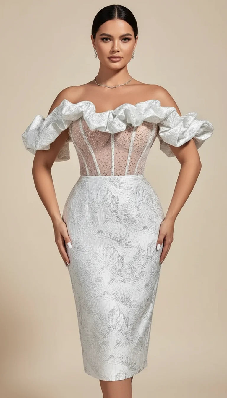 Robe Corset Volants Brocart Blanc