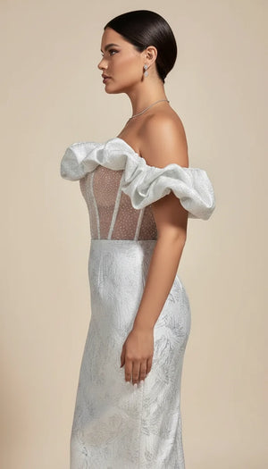 Robe Corset Volants Brocart Blanc - Vue profil