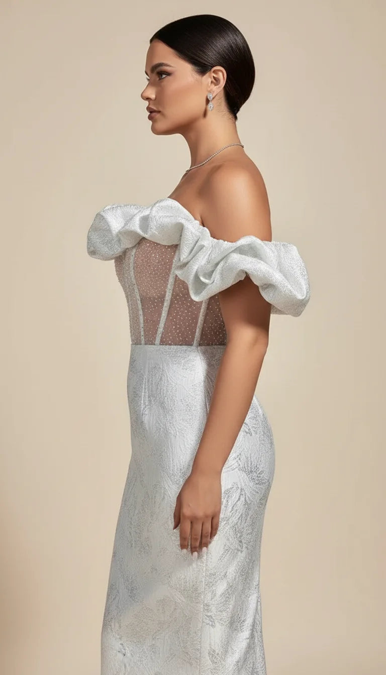 Robe Corset Volants Brocart Blanc - Vue profil