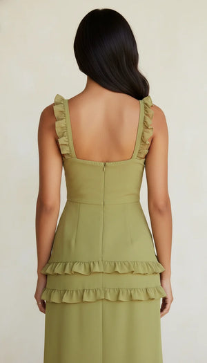 Robe Corset Volants Fendue Vert Olive Clair - Vue dos