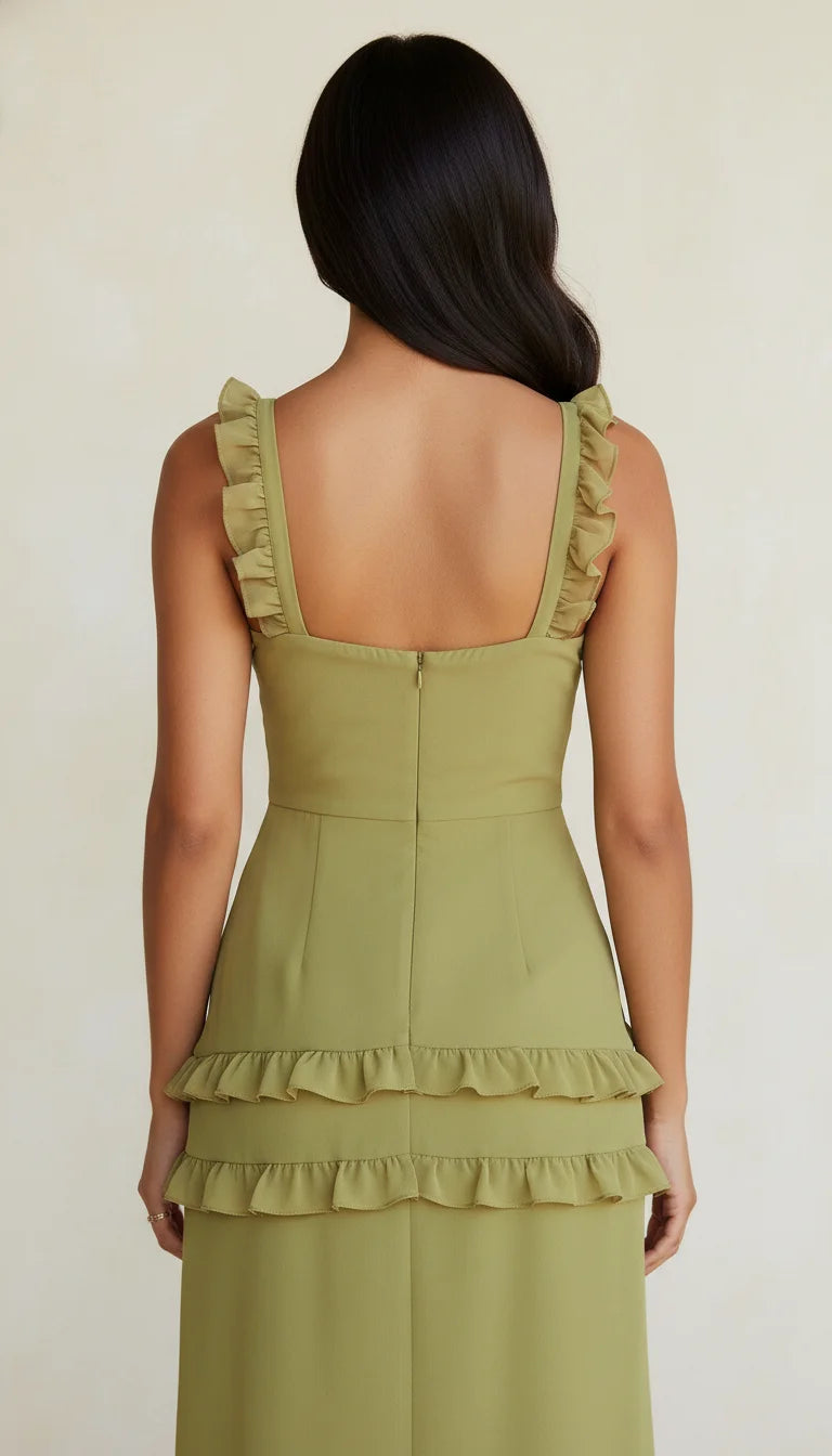 Robe Corset Volants Fendue Vert Olive Clair - Vue dos