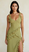 Robe Corset Volants Fendue Vert Olive Clair