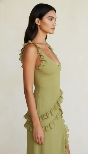Robe Corset Volants Fendue Vert Olive Clair - Vue profil