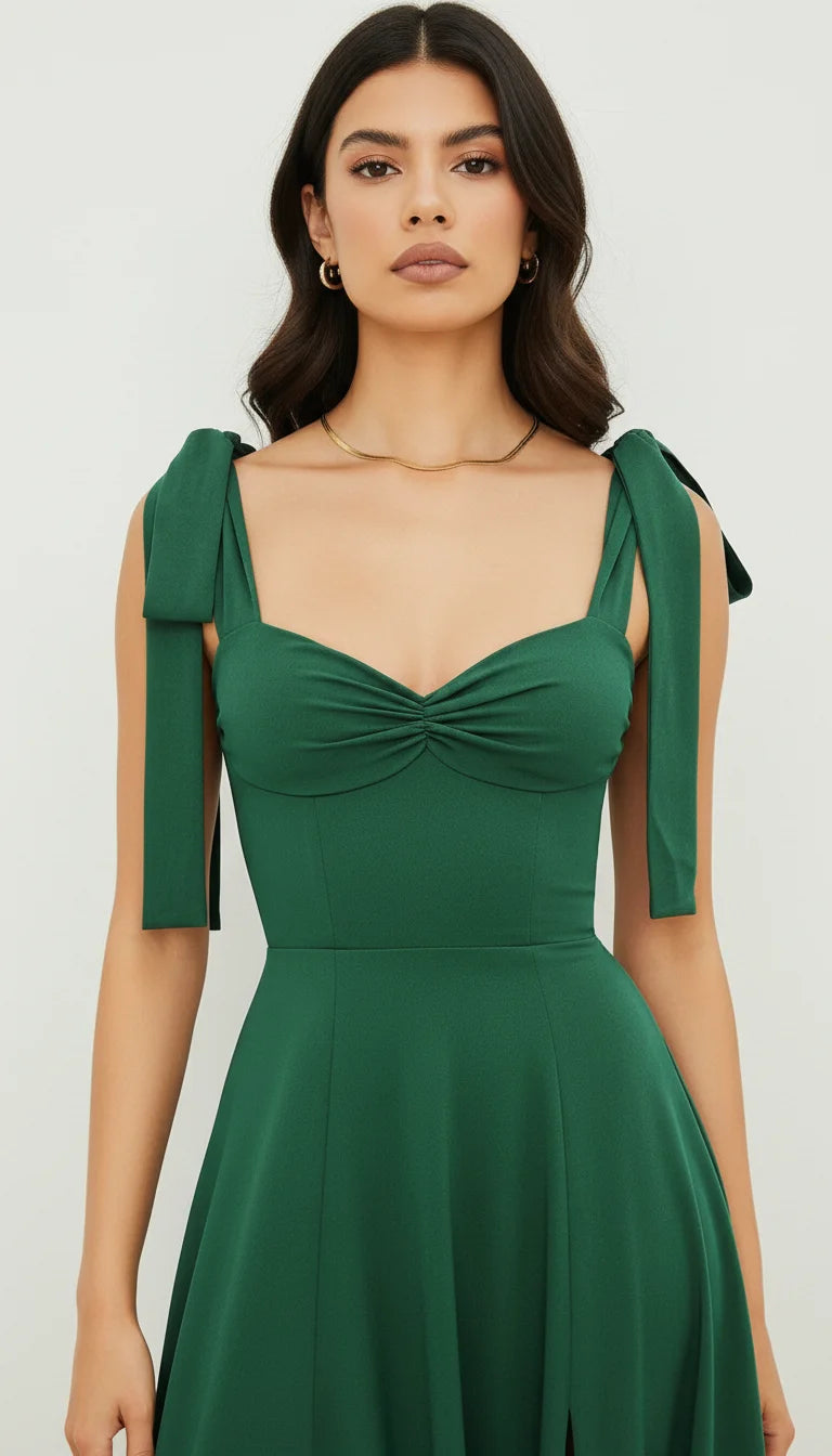 Robe Corsetée Bretelles Nouées Vert Émeraude