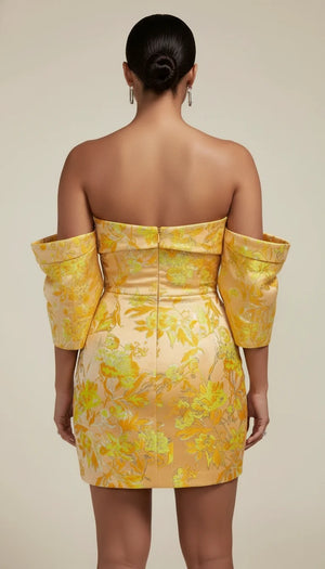 Robe Corsetée Bustier Satin Jaune Fleurie - Vue dos