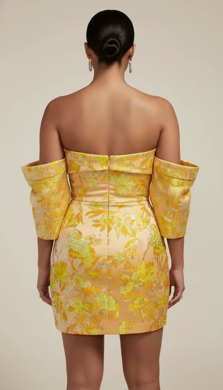Robe Corsetée Bustier Satin Jaune Fleurie - Vue dos