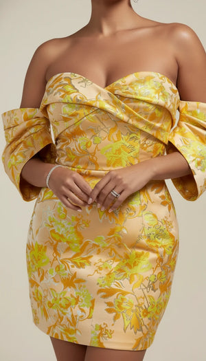 Robe Corsetée Bustier Satin Jaune Fleurie - Vue face