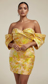 Robe Corsetée Bustier Satin Jaune Fleurie