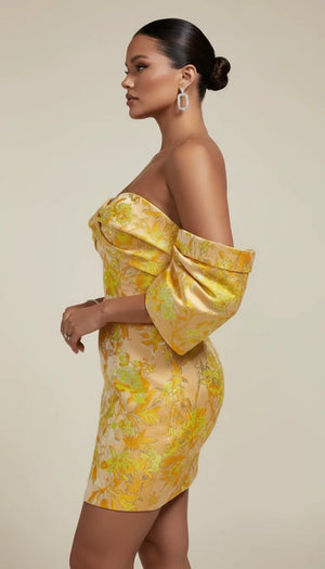 Robe Corsetée Bustier Satin Jaune Fleurie - Vue profil