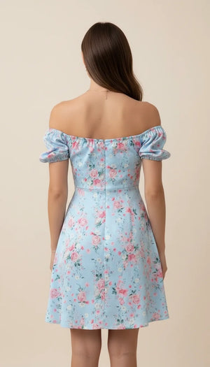 Robe Corsetée Fleurie Bleu Ciel - Vue dos