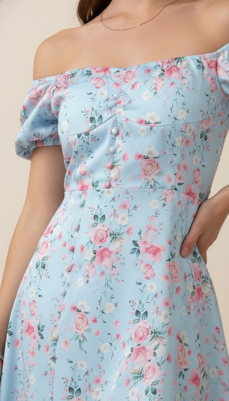 Robe Corsetée Fleurie Bleu Ciel - Vue face