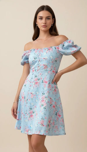 Robe Corsetée Fleurie Bleu Ciel - Vue principale