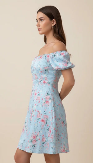 Robe Corsetée Fleurie Bleu Ciel - Vue profil