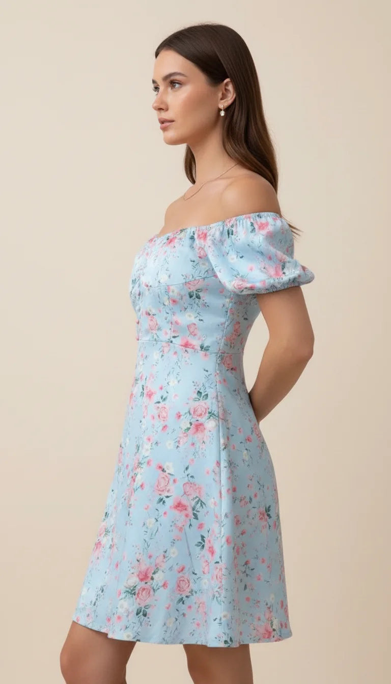 Robe Corsetée Fleurie Bleu Ciel - Vue profil